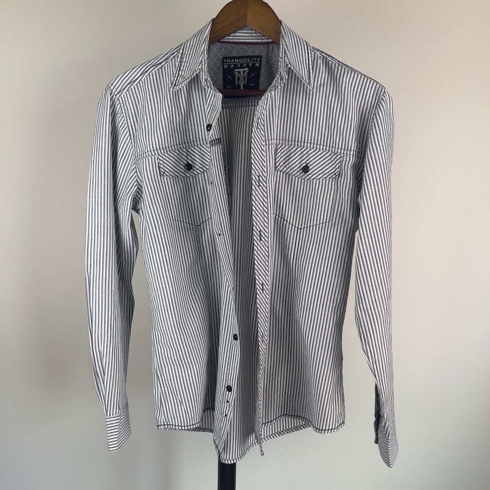 Tranquility Mayhem Mens Striped Button Down Shirt Black White Small Long Sleeve